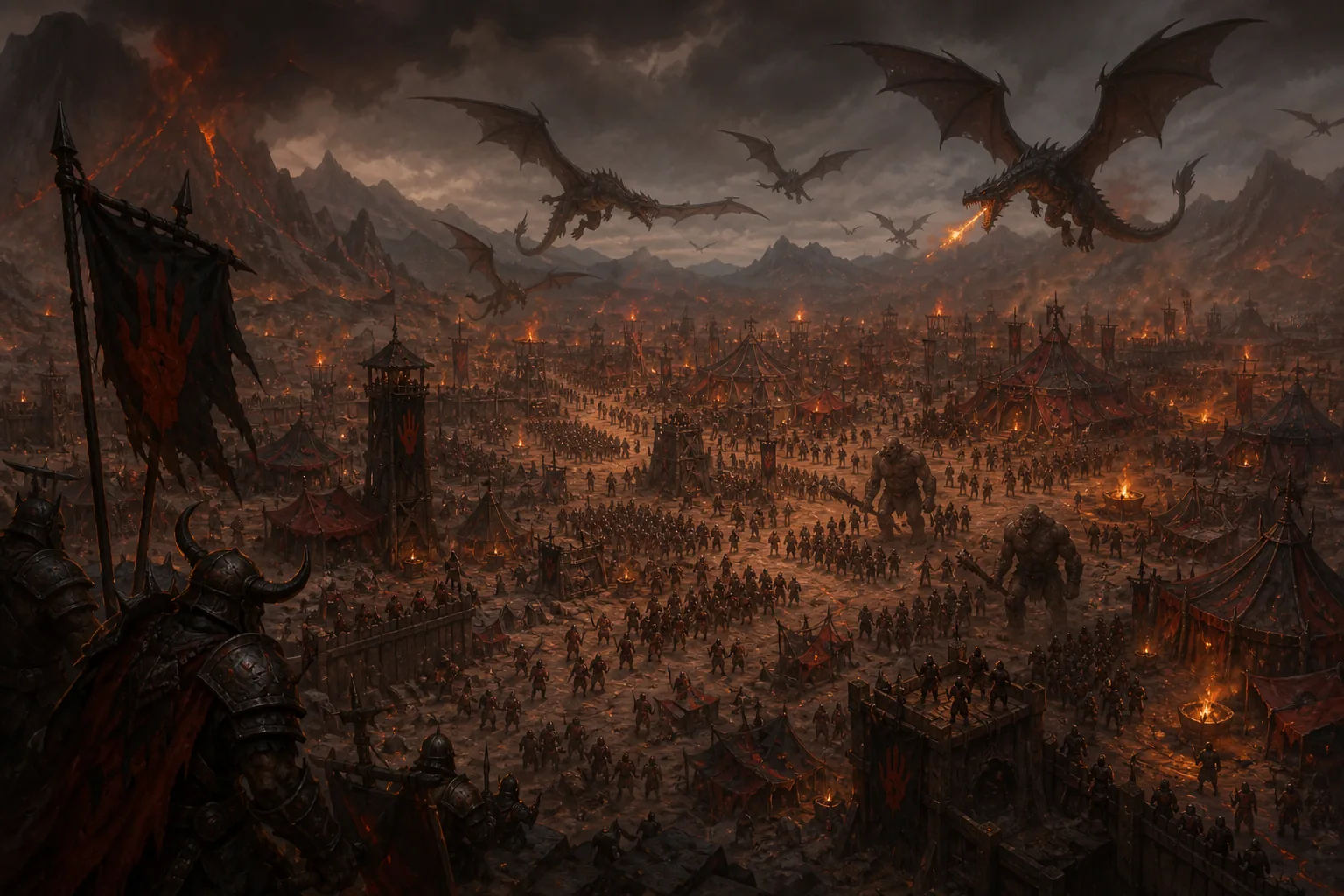 Una enorme fuerza de la Mano Roja y dragones bajo un cielo oscuro